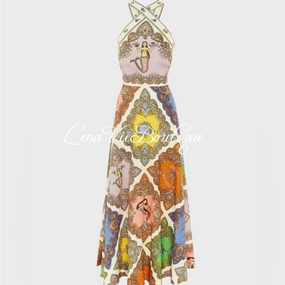 LenaVie Boutique | Tropical Tile-Print Cotton Halter A Line Mermaid Dress - Picture 6 of 14